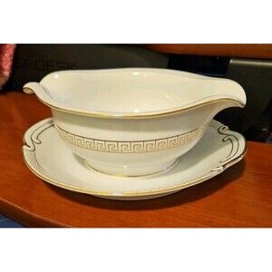 Sone China Gravy Boat with Attached Underplate #1879 Golden Greek Key Pattern